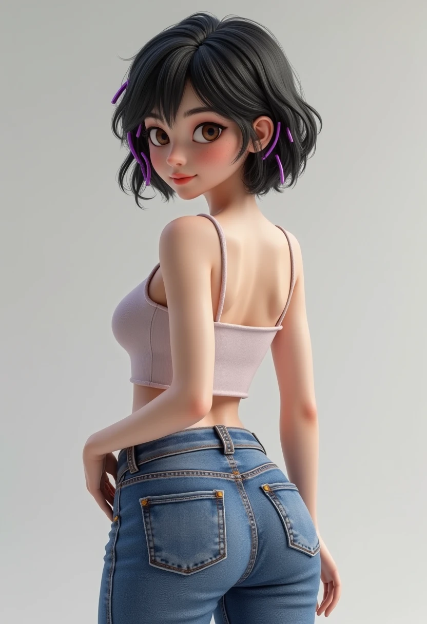 (obra-prima), (melhor qualidade), (ultra-detalhado), (corpo inteiro: 1.2) loli menina negra, liso, encaracolado ,pants and mini blouse, sorriso claro, corpo inteiro, :3, cabelo mesclado, curto, preso, pavor, moderno, Modern accessories, fundo tom pastel , colorido e simples.