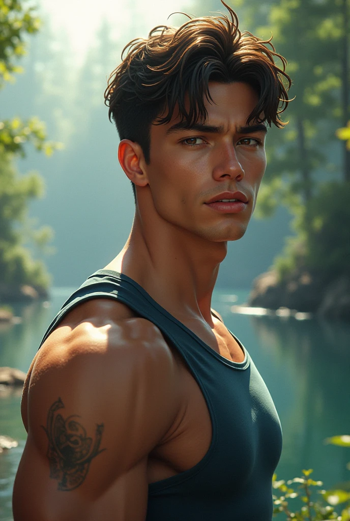 Merman, light skin, abs, black hair, low fade and loose wavy perm, side fade, blue eyes