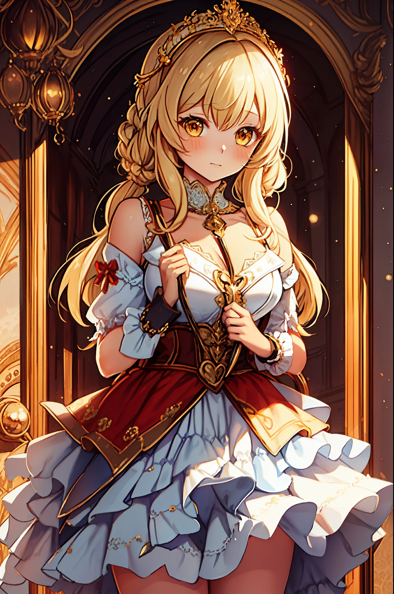 age Girl, charming,gorgeous,In Love ,sacred,( Yellow and White Princess Skirt :1.3),blond,klee, red eyes, Minimalism , Multi-layer exquisite ruffles ,Lots of Lace,( Lines on clothes :1.2),( Exquisite clothing :1.1),(Multi-layer Skirt ),Princess Crown, Perspective tulle garment , Beautiful detailed face , Bedroom scene in Western mythology, movie lights ,night,Single, Metallic Decoration ,lace,(shine:1.2), ( Best Quality ), (masterpiece:1.2)
