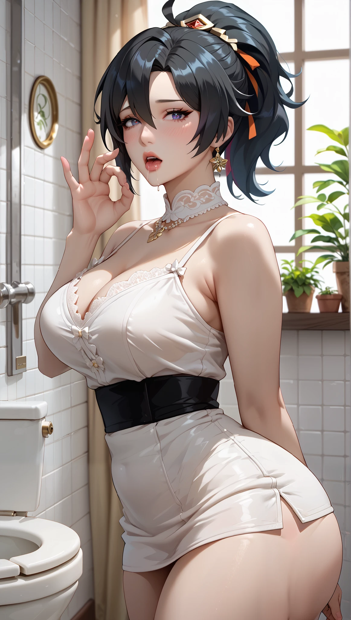 kawakami sadayo,the maid outfit,ssee-through,cheerfulness,Fleshy thighs,Pose,Poster publicity style,Ocean park,busty figure,C cup