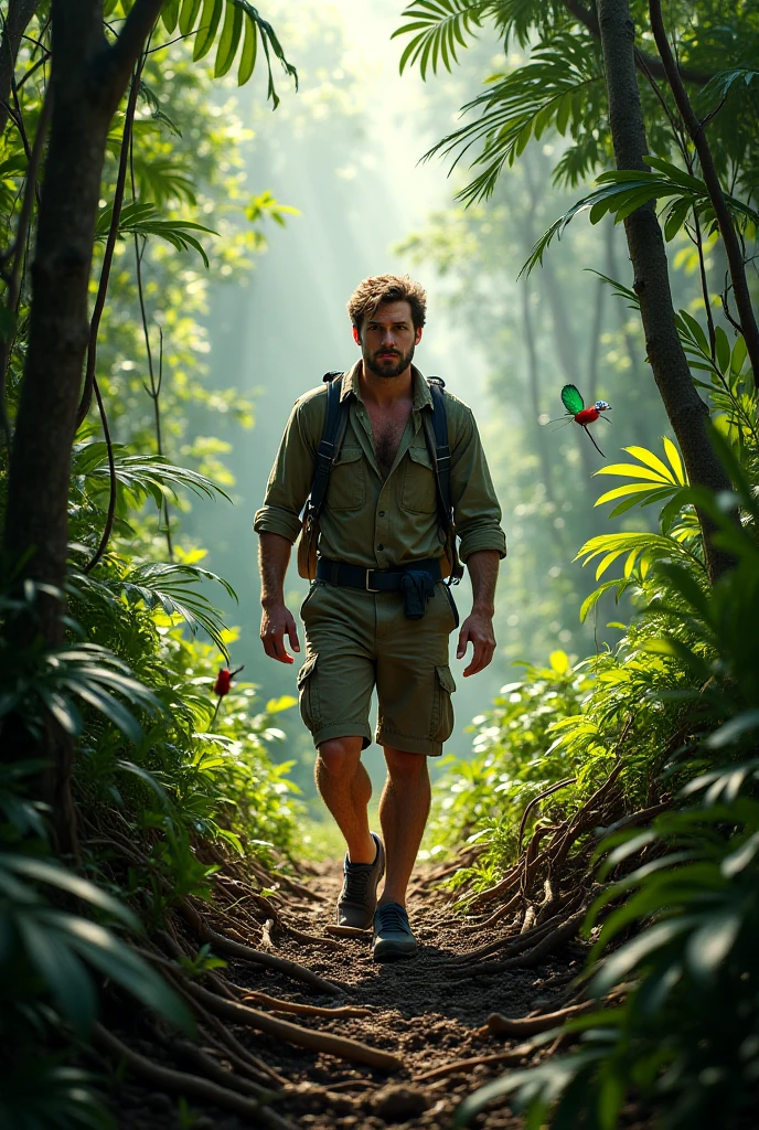A young and extremely handsome rugged adventurer lost in a lush and foggy jungle, determined to complete hismission, short messy hair