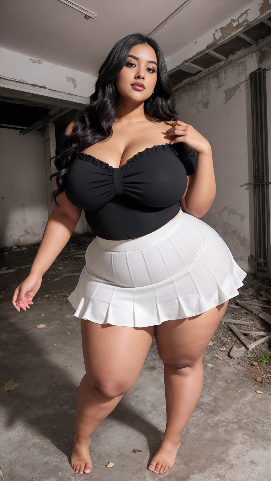 Madhubala Indian sexy curvy plus size body beautiful actress in a Playful Pleated Mini Skirt posing for a picture in Misty Morning Path for a photoshoot, camera front facing, smilling face, head to toe view, full body shot, hourglass body shape, curvy plus size body, bigger waist, busty, big hips, fleshy thighs, thick thighs, busty, full body view, head to to view, full body shot, sexy girl, beautiful curves, curvy model, attractive curves, attractive feminine curves, gorgeous woman, Misty Morning Path background,