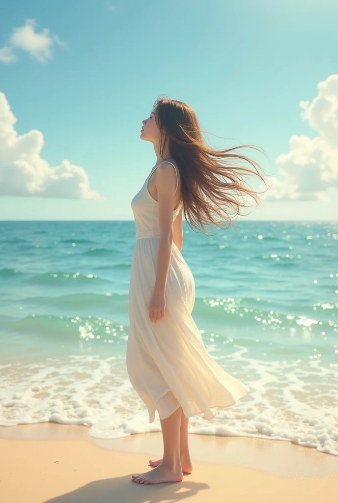 A woman in her 40s、Semi-long brown hair、Hair blowing in the wind、From the beach to the sea、Longboard Single Fin 9,4、Check the waves at sea、sunny、You can see the sunset