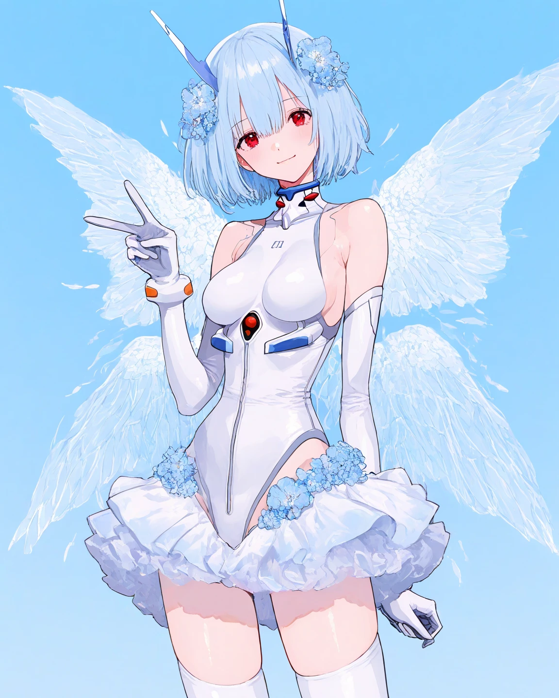 1 girl, short hair, light blue hair, angel, white angel costume, white angel wings, sexy, thighs, blush, smile, happy, flying, paradise, glowing, wallpaper, sidelighting,