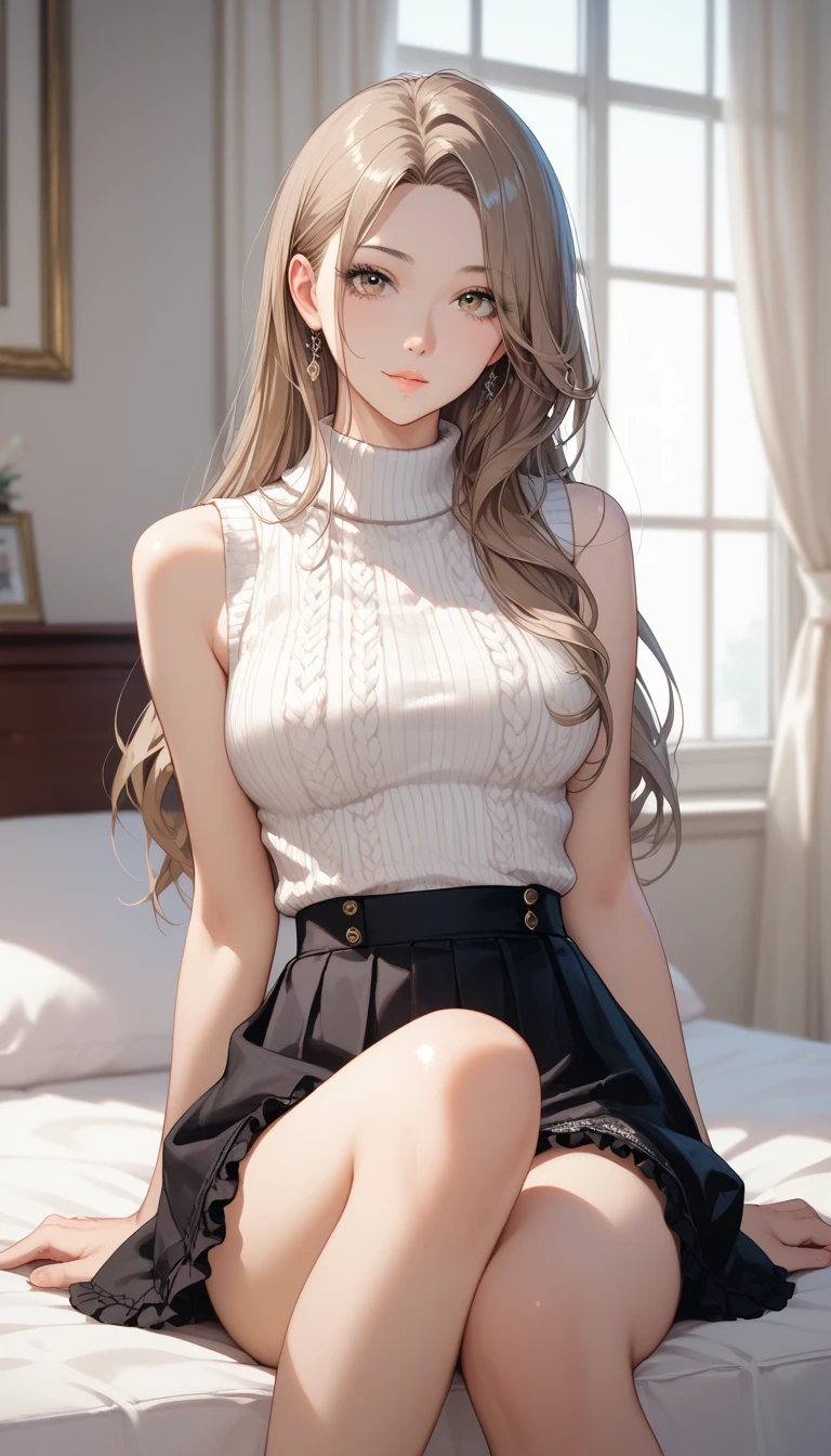 femele,((Brown hair long)),Wear intricate hair accessories on your head,She wears a short skirt,((white stockings))The short skirt shows off her slender legs just right,Upper half body wearing a sweater,The sweater has a unique collar design,She lay leisurely on the sofa,She was lying on a large pillow,Her smile was sweet,Delicate portrayal of facial features,The nose is delicate and straight,Ruddy lips,The hand is beautifully carved,((Place your hands behind your back)),Soft skin,The overall color tone is black、rot、Blue is predominant,tmasterpiece,(best qualtiy,tmasterpiece:1.3)