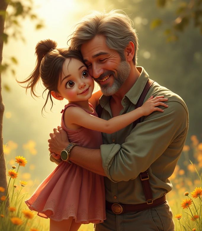Tall man, blacksad, greeneyes, bald man with a two year old , short light brown curly hair, honey-colored eyes, pink dress, playing and happy