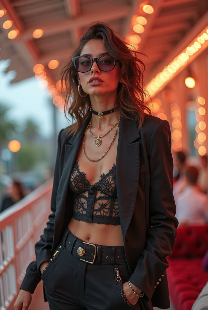 (masterpiece, photorealistic), (F/1.4, Sony a7R IV) raw, portrait of an 22 year old girl, full view, wearing a very fashionable and creative and rare black leather jacket and a shiny bra under a fashionable suit and mini skirt, standing on the street with a very famous pose, photography and modeling pose, modeling pose, monitor and New York Times street, cities in the background and passersby in the background and bokeh, very detailed and symmetrical face, detailed lips, belt, detailed eyes, perfect legs, paris city background and sunset and sunset golden sky, bokeh, precise finger, wonderful and creative pose, real photo, busy street, kodak, old cinema colors, super detailed details, Slow shutter speed, stretched lights and movement, bokeh
