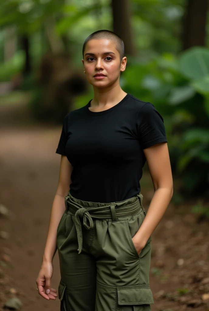 a beautiful woman with long black hair, wearing military uniform, with a discovery hat, in a forest, with a sexy t-shirt (boobs) (best quality,4k,8k,highres,masterpiece:1.2),ultra-detailed,(realistic,photorealistic,photo-realistic:1.37),highly detailed portrait, intricate details, stunning scenery, dramatic lighting, cinematic composition, vibrant colors, lush foliage, moody atmosphere