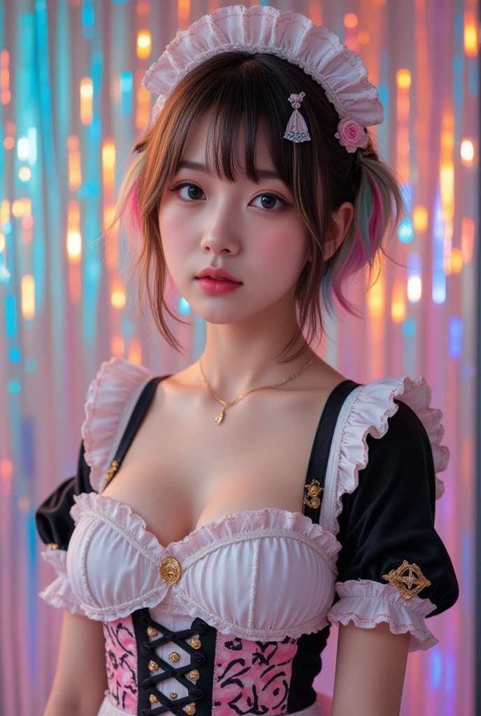(masterpiece:1.2, Highest quality), (Realistic, photoRealistic:1.4), Beautiful illustrations, (Natural Side Lighting, Cinema Lighting), Browsing Caution,
View Viewer, (Bust up shot)、Front view:0.8, 1 girl, Japanese, high school girl, Perfect Face, Cute and symmetrical face, Shiny skin、
(Semi-short cut hair, Side Lock, Light pink hair), Parted bangs, Emerald green eyes, Long Eyelashes, (Big Breasts:0.8),
Beautiful Hair, Beautiful Face, Beautiful fine details, Beautiful clavicle, Beautiful body, Beautiful breasts, Beautiful fingers, Beautiful nipples、Beautiful armpits、Beautiful, perfectly aligned teeth、
((A cat suit with attention to detail、(Pastel red floral lace panties、Mini checkered pleated skirt、Black garter stockings)、Shyness、(Open your mouth:1.3)、Red bow tie、Earrings、(topless:1.2)))、
(amusement park、Merry-go-round、horse、Pole)、 (Troubled face、Upward glance), (The skin is moist and wet:1.2)、(Semen is on it:1.6)、(Licking your fingers:1.2)
