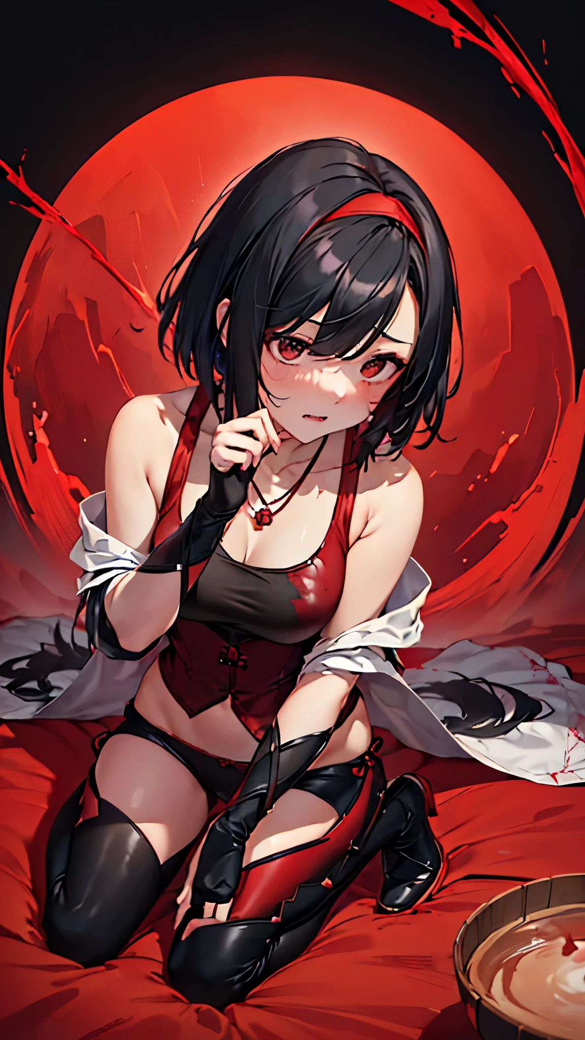 ((highest quality)), ((masterpiece)), (be familiar with),{{{nsfw}}},One female,Black Hair,Red eyes,Black Dress,Chest tattoo, Bewitching Smile,Heel,Black Hair,Hair tied around the neck,Black shawl