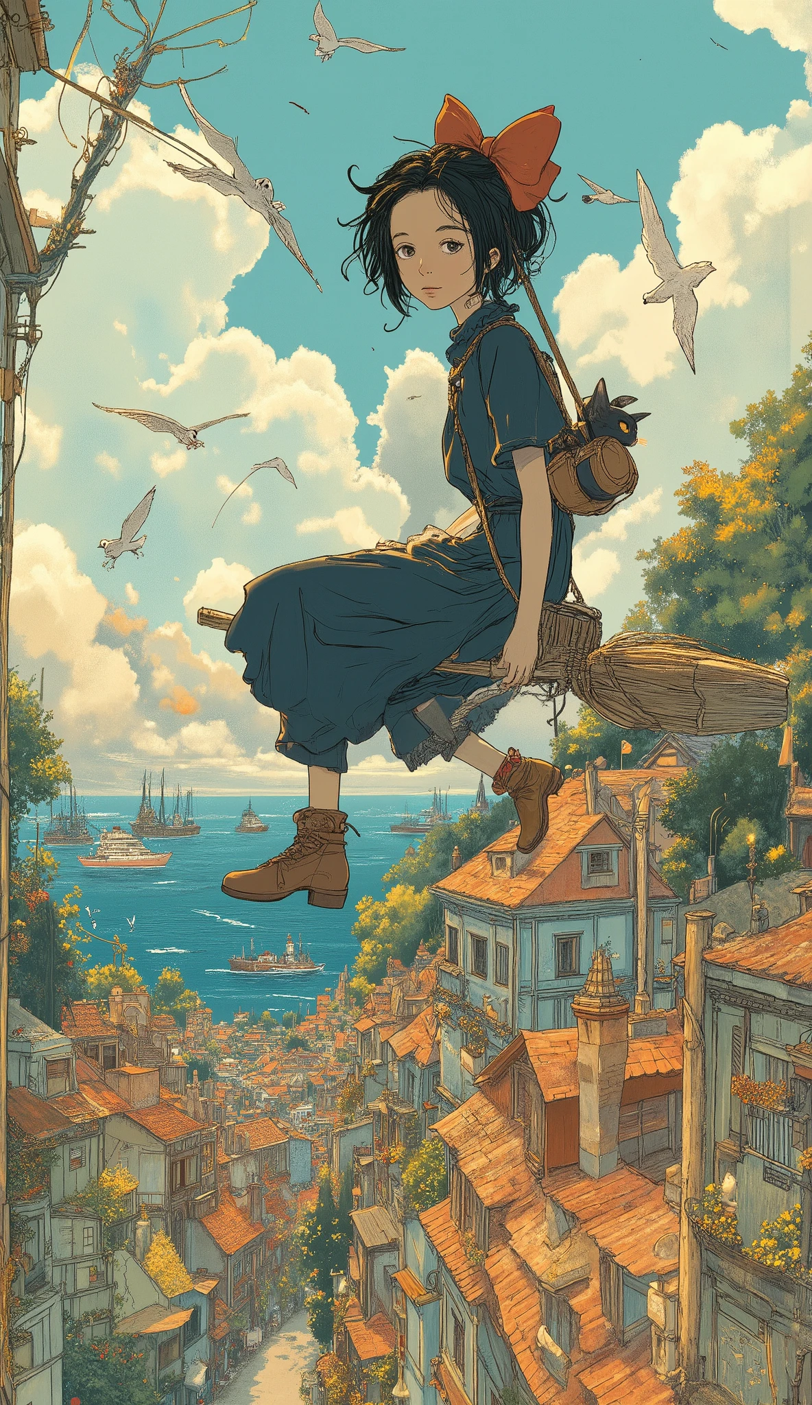 Studio Ghibli-inspired illustration, (soft painterly textures:1.2), (dreamy and warm color palette:1.3), hand-drawn fantasy city, cozy atmosphere, intricate rooftops, cobblestone streets, whimsical architecture, lush greenery, magical realism, soft golden lighting, gentle cinematic glow, (LoRA:ghibliStyle-v1.0:1.5) "Kiki, a young witch with short, slightly messy black hair and a bright red bow, soars through the sky on her wooden broomstick. Her dark navy dress flows with the wind, and she carries a delivery bag slung over her shoulder. Her eyes shine with excitement and determination, a warm smile on her face as she navigates the open sky.
Beside her, Jiji, her small black cat with wide eyes and pointy ears, clings onto the broomstick, his tail curled slightly in worry. He looks around nervously, as if unsure about flying.
Below them, the coastal European-style town spreads out in stunning detail. Red-tiled rooftops, narrow cobblestone streets, and flower-adorned balconies fill the cityscape. The sparkling blue ocean stretches to the horizon, with ships drifting in the harbor. Sunlight casts a golden glow over the buildings, bringing out the charm of the bustling town.
The sky is painted with soft pastel blues and wisps of white clouds. Seagulls glide alongside Kiki, their wings outstretched, as she confidently maneuvers through the air. Her silhouette is iconic, instantly recognizable as she soars with freedom and purpose.
Rendered in Studio Ghibli’s signature hand-painted animation style, the scene exudes warmth, adventure, and a sense of magical realism, staying true to Kiki’s Delivery Service."