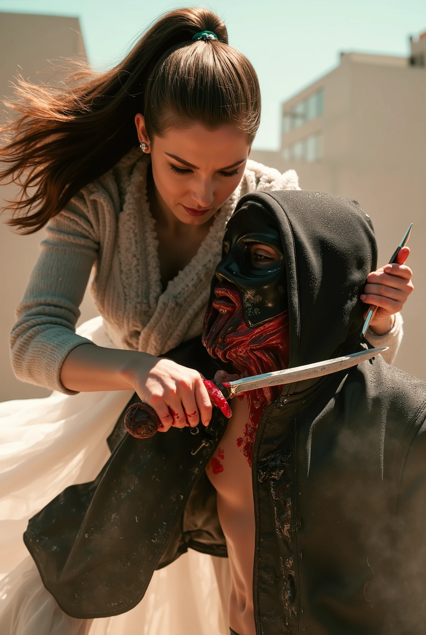 Realistic, A Very beautiful woman, cut throat a boy, boy full face mask close, neck bloody splash, neck slashed, throat contents, boy dead, woman knife, woman very thick hair, woman rich beauty, boy hoodie, woman kill boy, woman white dress, woman very big breast