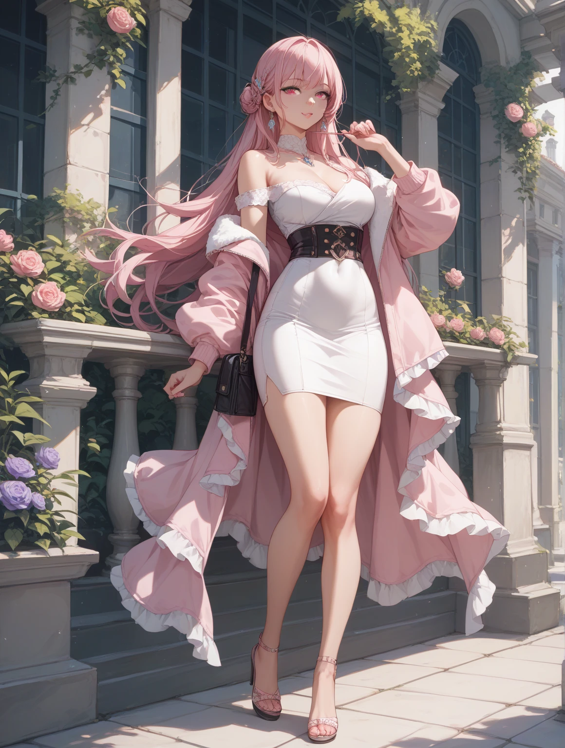 Anime girl sitting on bench in white dress wearing necklace, seductive anime girls, beautiful and seductive anime woman, Smooth anime CG art, cute anime waifu in a nice dress, Beautiful anime girl, attractive anime girls, Beautiful anime woman, loli in dress, cleavage, Detailed digital anime art, Anime goddess, cute elegant pose, [ 4 K digital art ]!!
