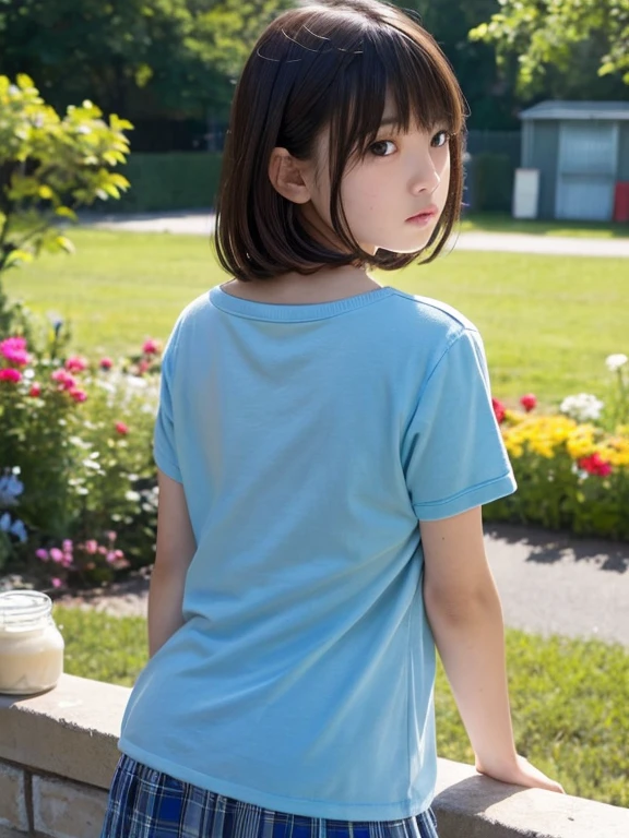 8k,Japanese,9 years old,Innocent face,Teenage Girl,cute,Random color plain t-shirt,Casual wear,Sitting,Black Hair,garden,Hair Clip,
