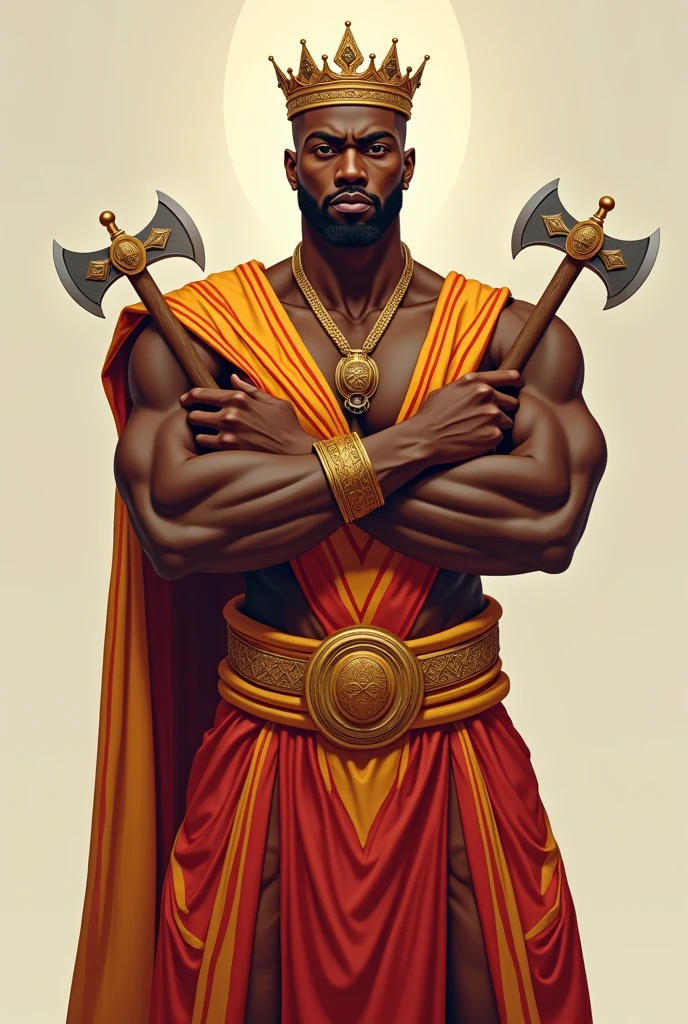 Strong Orixa Exu wearing red and black African clothing , smiling a lot And holding a Sapphire ! A sensual black man African drawing