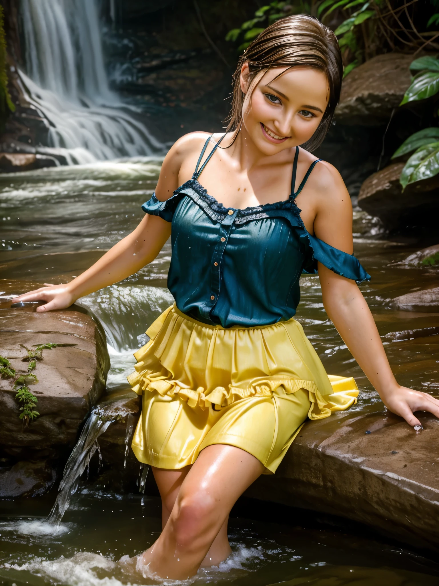 woman sitting in the water in a river, next to a waterfall, in water up to her shoulders, dripping wet, bathing in a waterfall, gorgeous lady, cute woman, gorgeous woman, in the water, gorgeous female, in a river in the jungle, yellow cardigan, dark lace chemise, dark brown skirt, top button open, layered clothing, open neck, close up, depth of field, beautiful model, playing in waterfalls, with waterfalls, wet clothes, oily clothes, dripping water, running water, smile, depth of field, overcast, misty, parisdiam0nd