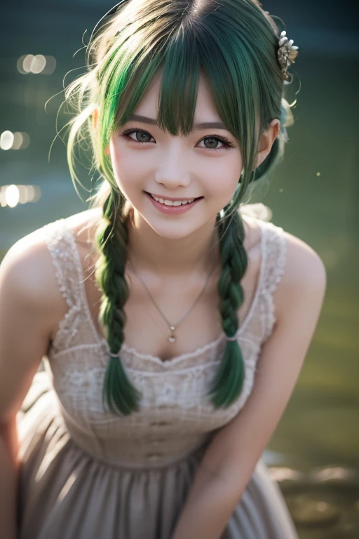 (masterpiece), (best quality), Ultra-high resolution, Raw photo, A photo-realistic, super cute woman, 1girl, (perfect face:1.2), (beautiful face:1.2), pale green hair, pony tail, (from under, close up:1.3), happy, light smile, looking at viewer, pose, sheer shirt, gray shirt, outdoors, night time, intricate, depth of field, cinematic lighting,
