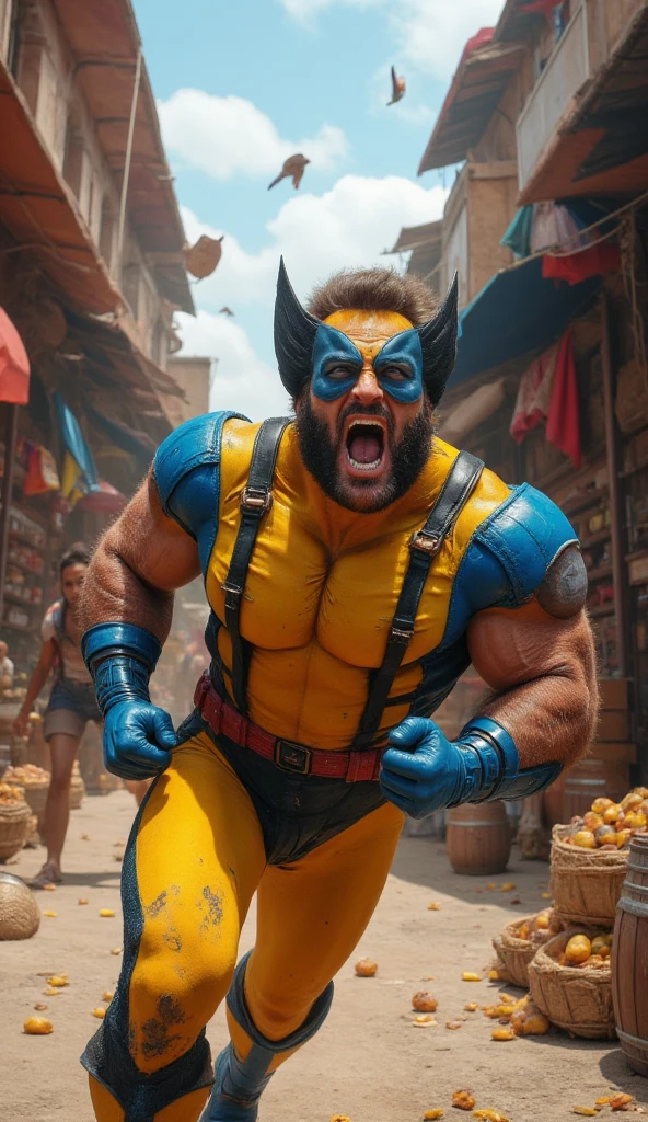 (photorealism:1.2), (HDR quality), (realistics), the wolverine angry with his sharps claws pose, at the traditional market(detailed situations and conditions), many people watching them