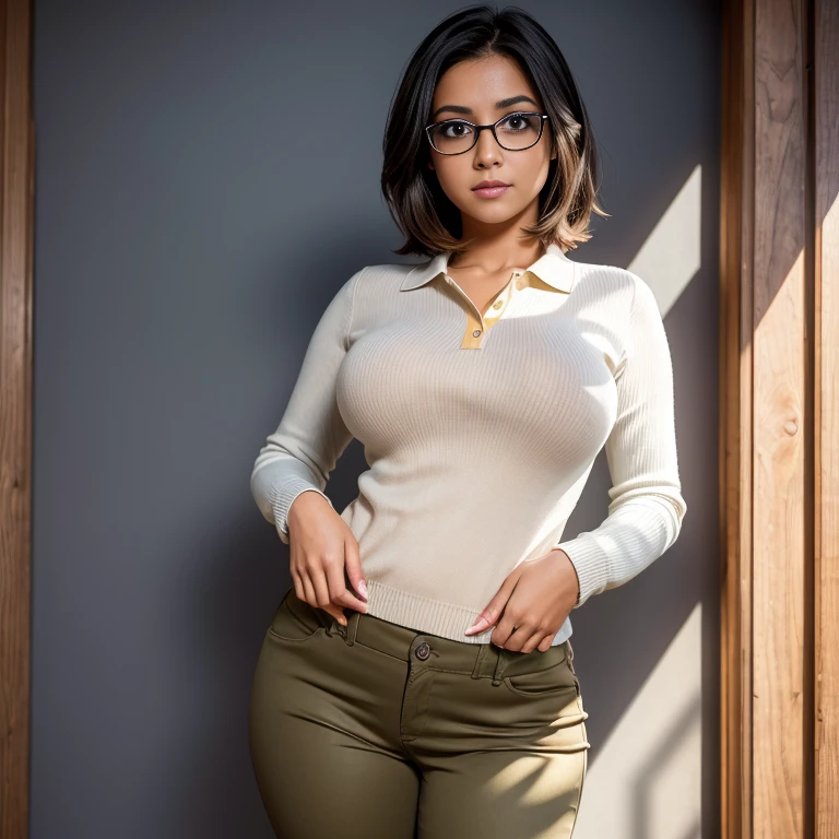8k, highest quality, ultra details, African-American, young female, with glasses large breasts well covered with tight white underwear, a short, stylish haircut and a friendly smile. She wears makeup, earrings, and is dressed in a fitted black cardigan, big butt in short jeans pants, standing with her arms crossed in a simple, well-lit interior setting with a plain background and a hint of greenery to one side.
