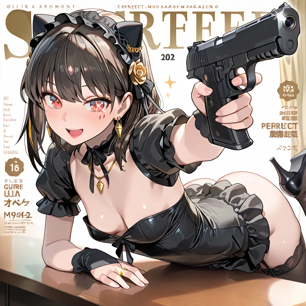 (small breasts:1.2), (perky chest:1.1), (pointed chest:1.0), (hand gun magazine cover:1.3)，(from below:1.2),(from side:0.9),masterpiece, 1girl, Amazing Cleavage:1.1, thin waist, big ass, Raised sexy, small breast: 1.2, posed cleavage:1.2、solo, open mouth, have a cute grass of cute beergrass,black hair, dark green eyes, dress, bare shoulders, jewelry, collarbone, sidelocks, hairband, earrings, indoors, off shoulder, sweater, arms behind back, plant, short hair with long locks, gild hairband, sweater dress:1.2, off-shoulder sweater, red sweater, dark gord hair, big side hair, very long side hair,is rendered in (masterpiece: 1.2, best quality), with (ultra high resolution) and an exquisite (depth of field). This masterpiece is not only visually stunning but also tells,A scene of cooking in the kitchen by classroom ,looking at viewer,

