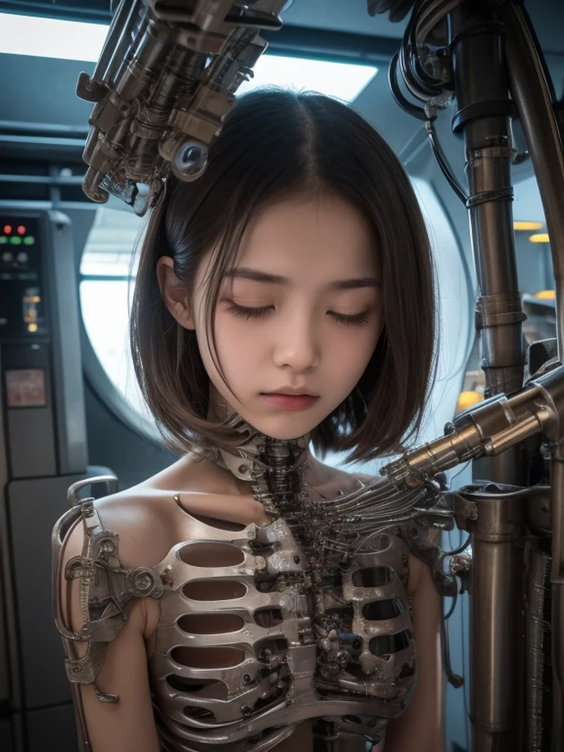 (masterpiece:1.2,high quality), One girl, ((Ultra-Realistic Details)), (Realistic beautiful girl face)、⦅whole body⦆、(((Completely naked)))、cyborg、Global Illumination, Shadow, Absurd, Octane Rendering, 8K, Ultra Sharp, Metal, Complex, Decorations detailed, highly Complex details, (Mechanical body:1.2), ((A clean and pretty face)), Equipment, Bobcut, (robot, Android:1.14), (((18-year-old)))、(((Girl Warrior)))、In combat、(((small, Flat Chest:1.4)))、胸Mechanical body:1.2))、((I can see your chest:1.5),((Ryona Defeat))、Spread your legs and show your pussy