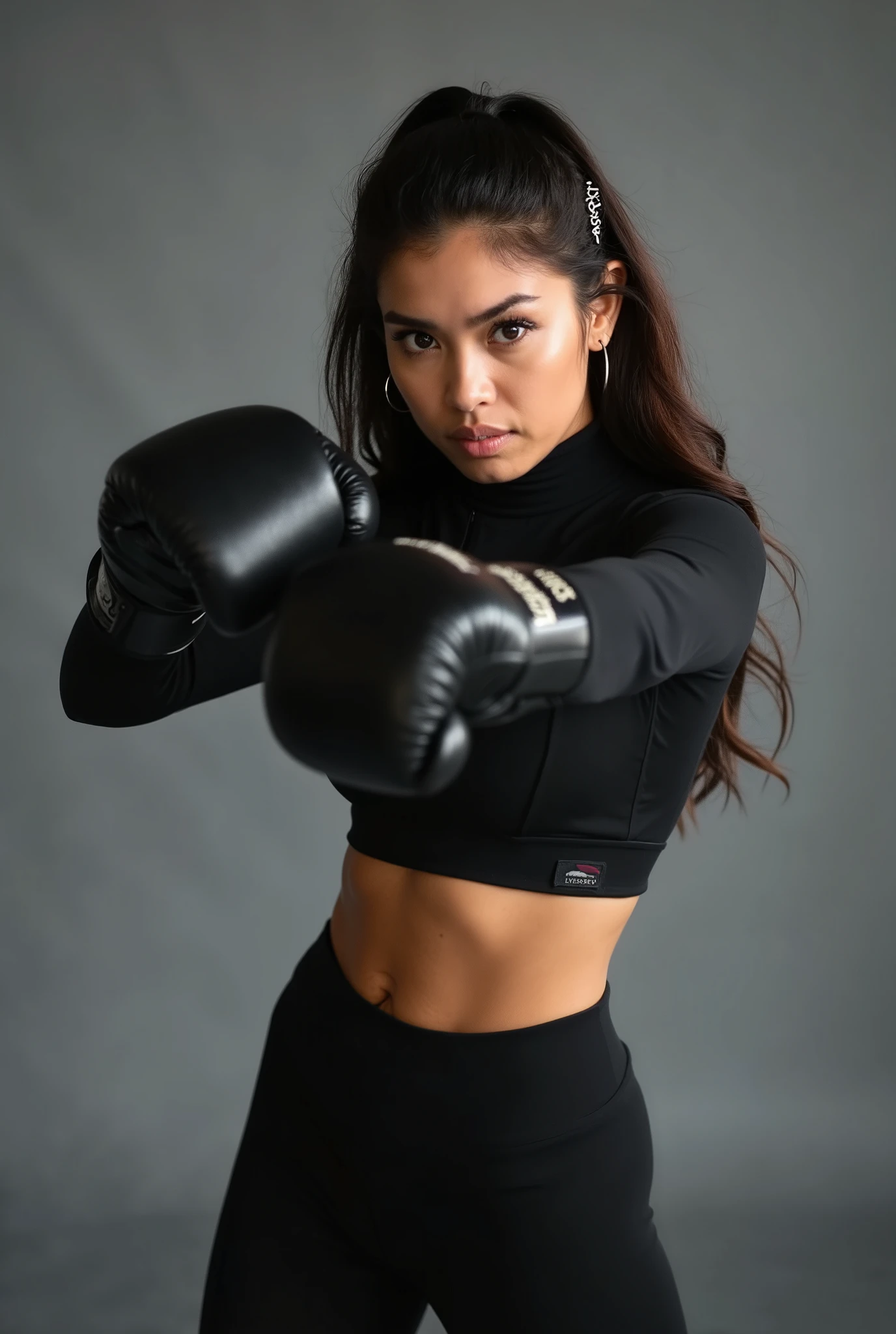 Professional photographic shot of a beautiful woman, she has long, slightly wavy dark brown hair with delicate silver hair clips, her focused eyes gazing intensely at the camera. She wears a sleek all-black athletic outfit — a form-fitting sports jacket and high-waisted leggings — along with black boxing gloves. She strikes a powerful pose, one arm extended forward in a punching motion, the other arm bent close to her face in a defensive stance. The background is a minimalistic studio with a smooth gray backdrop, creating a clean and neutral atmosphere. Soft, even lighting highlights her strong features without harsh shadows, maintaining a monochromatic color palette. Depth of field is carefully adjusted, keeping the model sharply in focus while subtly blurring the background. A sense of determination and strength radiates from her stance, with a modern, bold, and athletic aesthetic