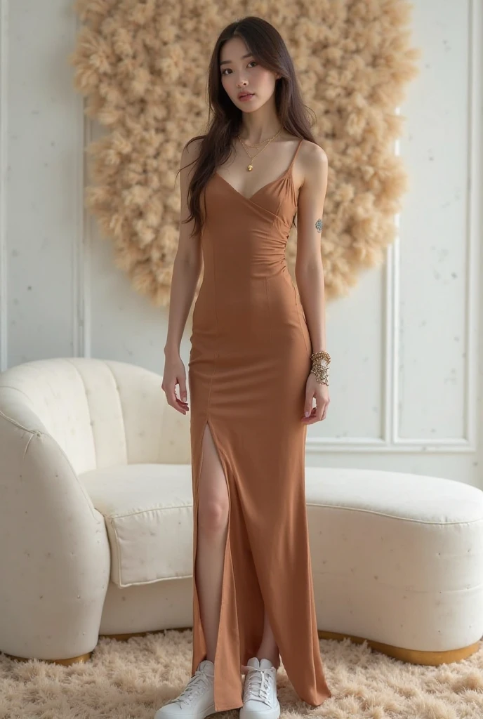 celestial tea garden on the edge of the universe, photo of slim woman, wearing (yellow) Maxi Slit Dress, <lora:CrunchyBanana_Maxi_Slit_Dress:0.8>, one-shoulder dress, asymmetric, subtle smile, subsurface scattering