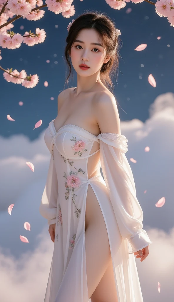 liquid clothes
water（Quality Improvement：1.4），1 girl, Full breasts，Visible cleavage，Sexy long legs，The skirt is very short，She gently lifted her skirt with one hand,Surrounded by white Phalaenopsis orchids，Lilac dendrobium、White Lily, Flying petals，（Top quality leather), Delicate face,Black Hair, Gradient hair, Body,（Body1.1）, He has a precious gem on his forehead..., brilliant student，Long eyelashes,Smile, Surrealism, Movie Lighting, Projection Insert, Surrealism, Ultra HD, masterpiece，lie，Keep dreaming，Open your legs slightly.，Tattoo，Fantasy Space，Luxurious space，Exquisite makeup，blush，Shy expression