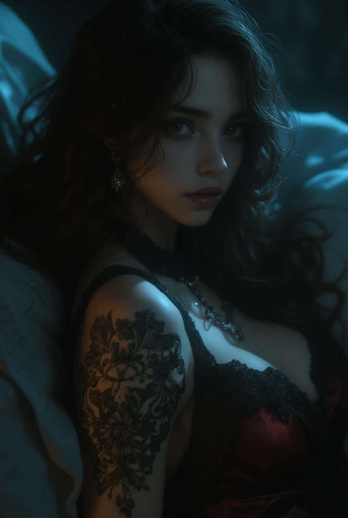 lingerie, OL, uniform, long black hair, on top bed, pose