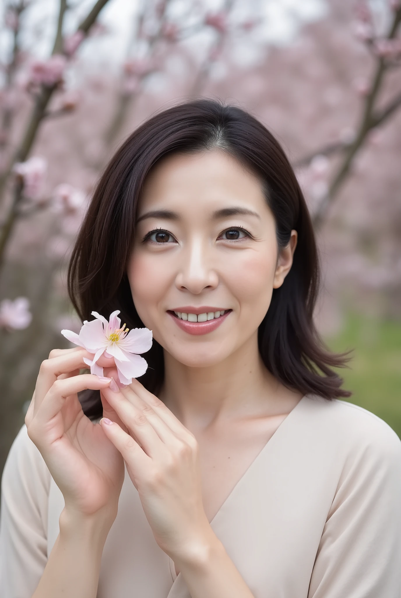 A close-up of a plum blossom pinched by the fingers of a plum blossom from the Northeast。In the winter plum garden , bust portrait ,Close-up shot of a plum blossom pinching her fingertips。