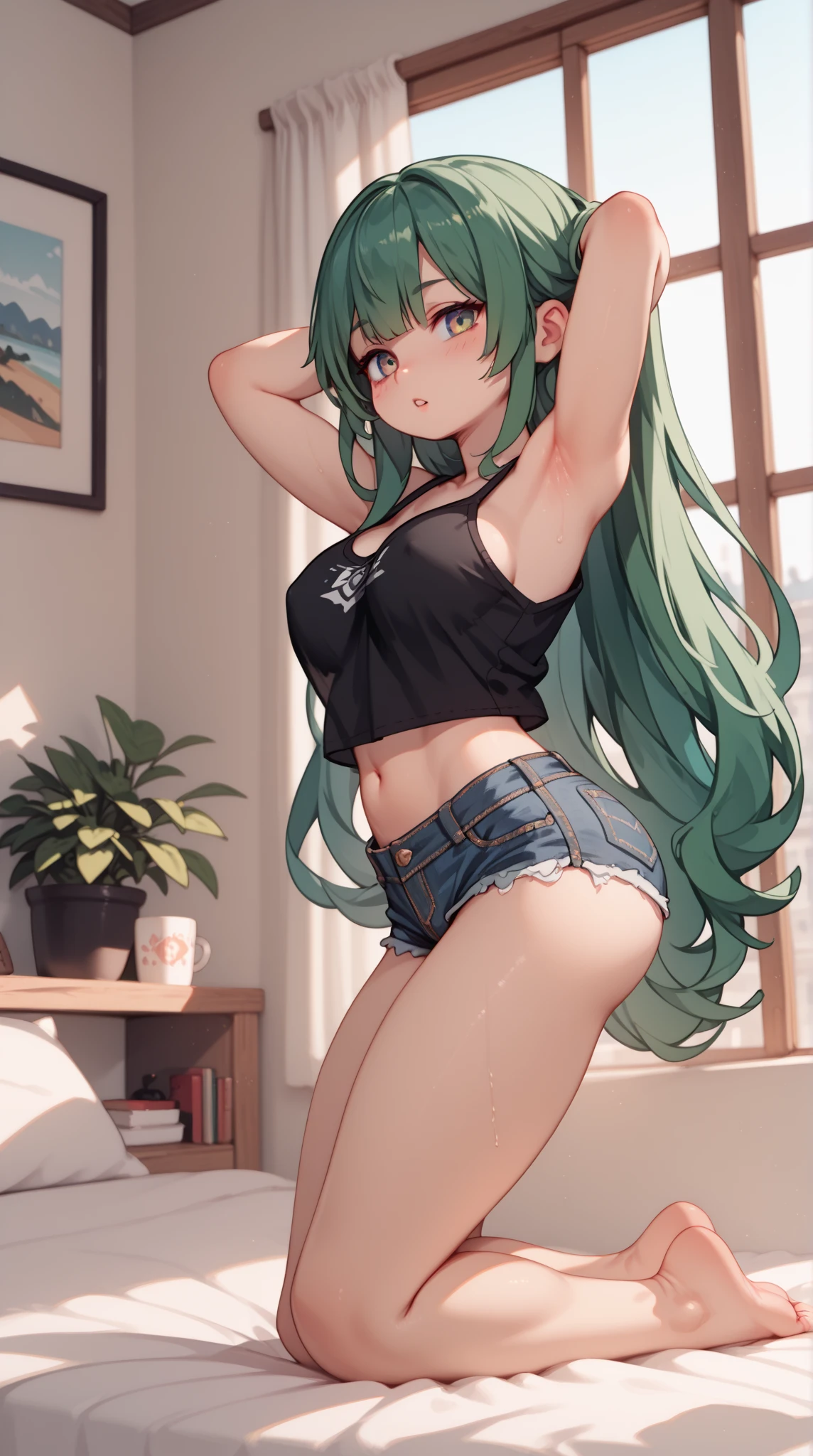 Beautiful anime-style girl, long green hair slightly curly, dark skin, yellow eyes, black pants, wide plain white shirt with no print, hoop earrings, eyebrow piercing, small breasts, wide hips, thick thighs, big ass