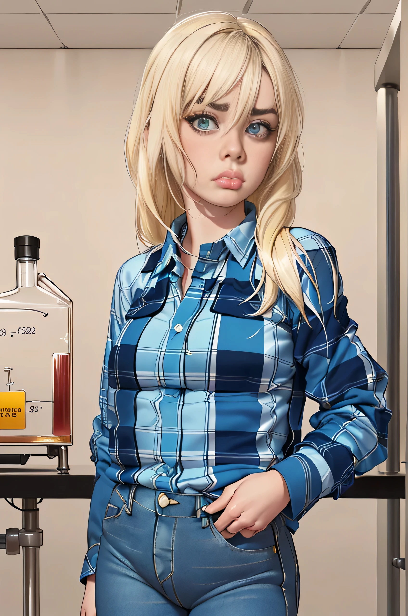 Billie Eilish, (Billie Eilish:1.5), masterpiece quality, (masterpiece quality:1.3), detailed, realistic, (realistic:1.3), 1girl, solo, (solo:1.9), 30 years old, in a laboratory, (in a laboratory:1.5), chemistry equipment in background, (chemistry equipment in background:1.5), shoulder-length hair, (shoulder-length hair:1.5), platinum blonde hair, (platinum blonde hair:1.5), wearing blue plaid shirt, (wearing blue plaid shirt:1.9), long sleeve shirt, (long sleeve shirt:1.5), wearing blue jeans, (wearing blue jeans:1.5), pouting, (pouting:1.5),