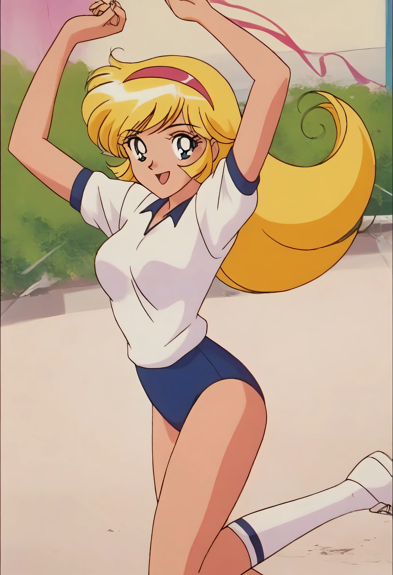 masterpiece,best quality,very aesthetic,highres, KisaragiHoney, 1girl, solo, blonde hair, long hair, blue eyes,smile,medium breasts, hairband,((white shirt)),navy buruma,white socks,athletic shoes,(arms up),(jumping),outdoor, looking at viewer,cowboy shot,retro artstyle, anime coloring,