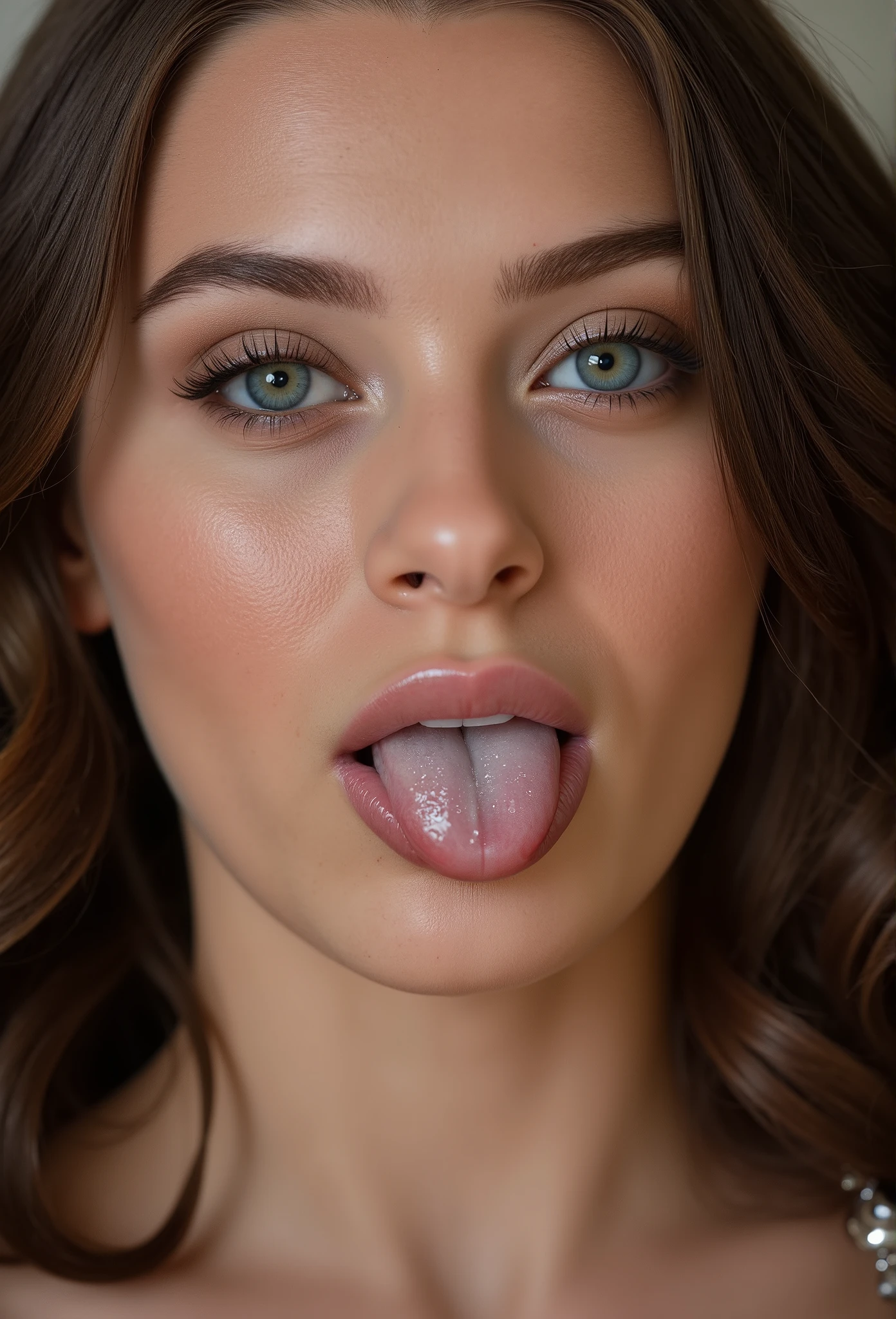 ,1 girl、Taylor Hill、1 girl、超High resolution, retina, Accurate, masterpiece, Anatomically correct, Super Detail, Textured skin, Attention to detail, high quality, High resolution, 8k、、Big double eyes、nose、The focus is on the mouth、close-up focus on face、Woman with open mouth and closed eyes、18-year-old、Black Hair、tongue out, tongue, traces of saliva, Drooling, Ahegao, long tongue, Verbal invitation,  Pulling the hair back, Gray background,Half Backlight,Pilot uniform,