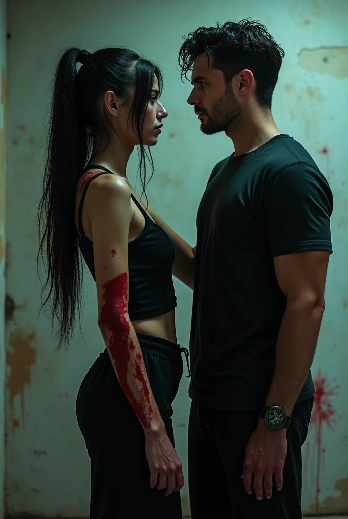 A girl is sitting on top of a man's chest, stabbing his heart. She's wearing a white crop top that has turned red because of blood.