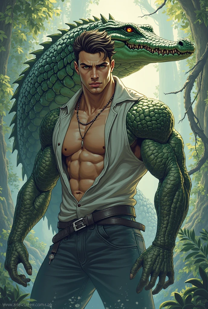 A topless man stands behind a crocodile. Make a face to the climax Atmosphere in the middle of the forest and stream