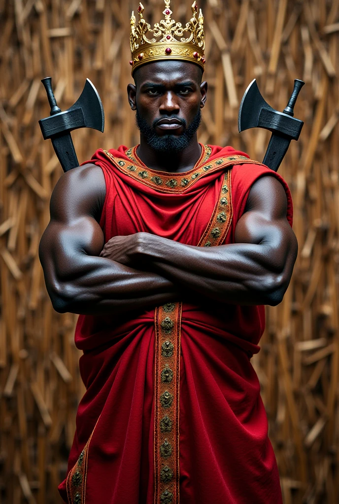 Create image of black man, africana, Grinning, with red and black robes. Wearing a red and black turban with cowrie shells. With strings of black and red beads around her neck. Holding a rectangular trident. white background. Reproduce full body man, from head to toe 