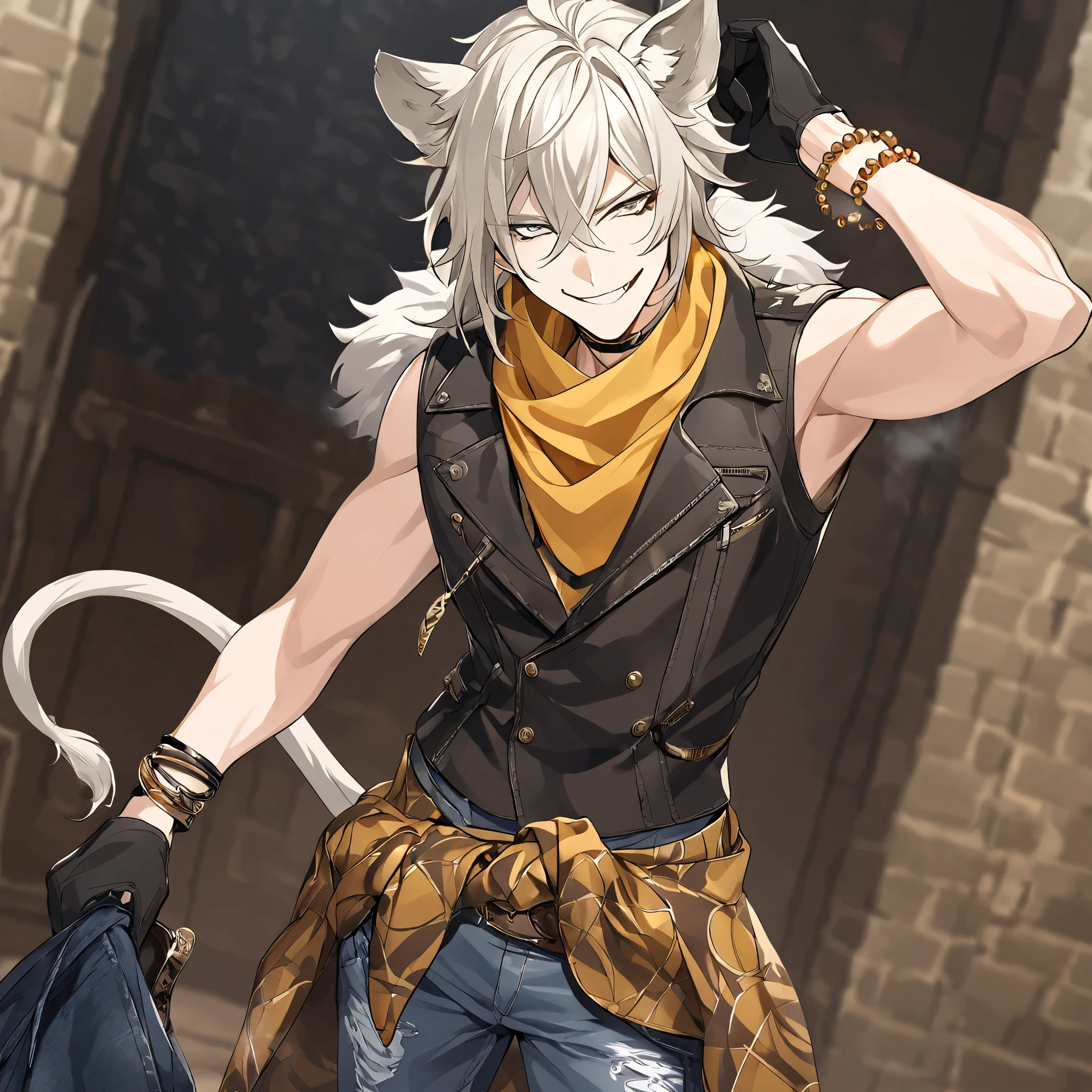 Twin anime boys with sharp white eyes, white hair, white lion ears, animal ears, remove human ears, Solo, Looking at viewer, has a white lion tail, smug smile, Savanna clothing, full body, the most distinguishing features being his dark-brown chaps and belt accessories. The uniform consists of a sleeveless, dark-yellow shirt, a black leather vest, worn-out jeans, thick beaded jewelry, and an orange-yellow bandana with black trim and the symbol of Savanaclaw printed on it.
The shirt has a deep y-neck, and a black, geometric pattern on the trim, shirt differs from the rest of the dorm by featuring an asymmetrical cut, with one side falling over his jeans, and the other tucking above them, revealing a bit of his waist. The leather vest has a design reminiscent of a “double-rider” biker jacket, with silver buttons and zippers. The jeans are a cool gray with visible creases, his jeans are mostly covered with dark-brown chaps that connect to his belt of the same color.
Over his belt is a bandana, wrapped around his waist and tied together with two silver rings on his left side. Draping over the bandana is a layer of stitched-together fabric in various shades of brown. The fabric hangs on Leona’s left side and resembles a patchy fur pelt. Despite the average Savanaclaw uniform including black biker boots, instead chooses to wear dark brown dress shoes with block heels and a bronze-color stripe over the center. He also wears black short-length gloves.
The uniform includes a variety of jewelry, made up of thick beads that are gold, red, blue, and green, wears a loose choker and two bracelets on his left wrist with this pattern of beads. Additionally, he wears another necklace solely made up of golden beads with several fang-shaped pendants, as well as one more bracelet on his left wrist, also made up of golden beads, High Resolution,