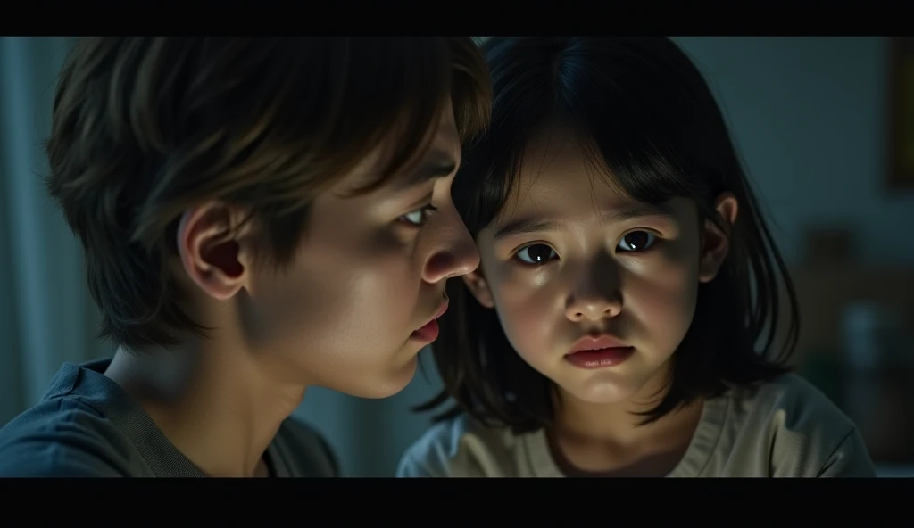 Girl so sad in his room, with his son sitting on his laps, 8k realistic imagery, blue scenery like a movie scene, young american setting, inspired by blade runner movie scene, blue tone,