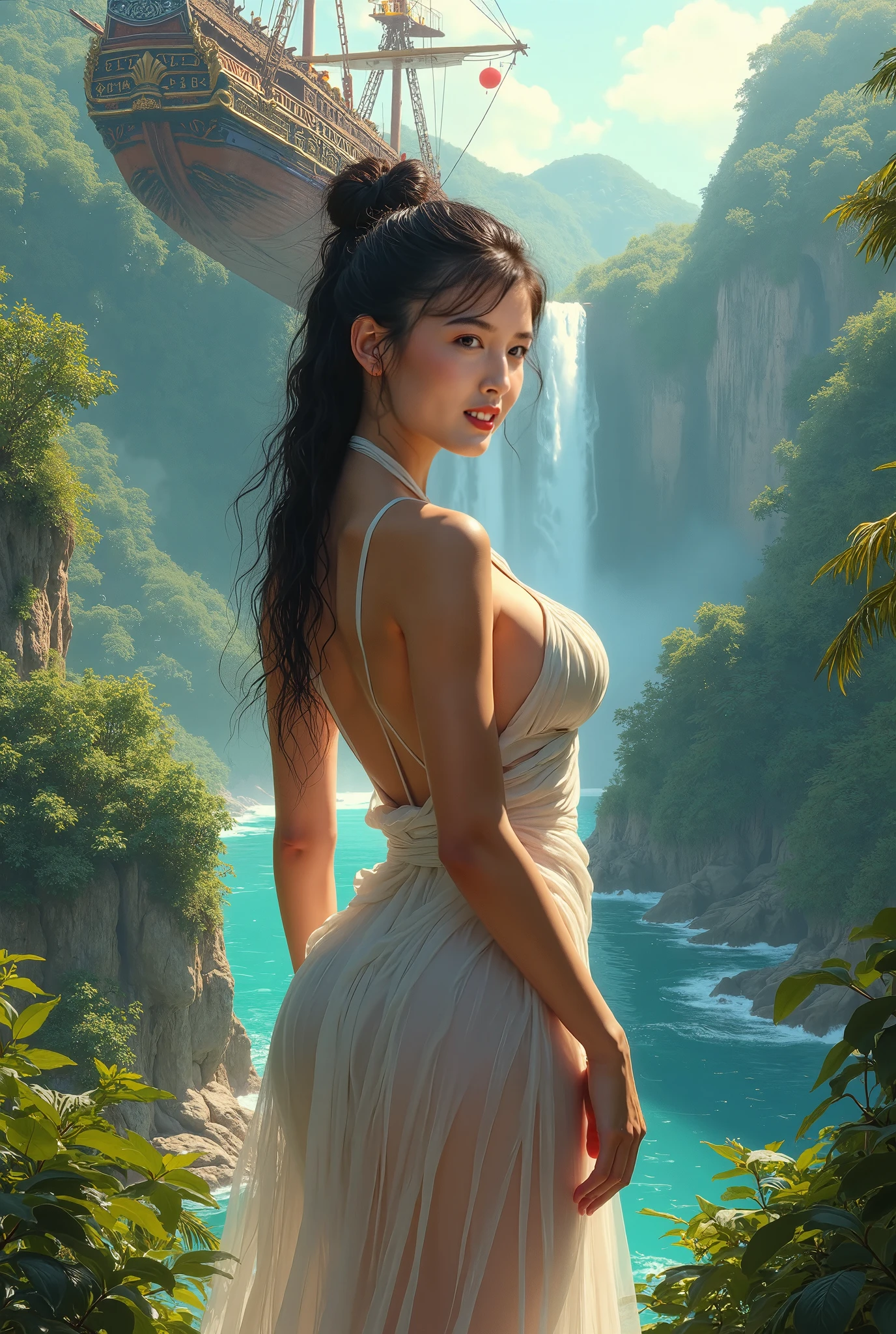 masterpiece:1.2、high resolution、High definition、Girl walking on water、whole body、Limbs、belly button、Thighs、knees、Ripples under your feet、One Girl、Cute face、Beautiful Face、Bright Face、Gravure idol、whole body:1.3、Mysterious naked、Mysterious Forest、Deep fog with white smoky background、White mist enveloping the body、Fantastic lagoon、Light source from behind、Backlight、Shade with soft lighting、Hair swaying in the wind、Mysterious naked body floating in the fog、Beautiful girl walking here、((Huge ruins floating in the background:1.3))、Huge stone ruins