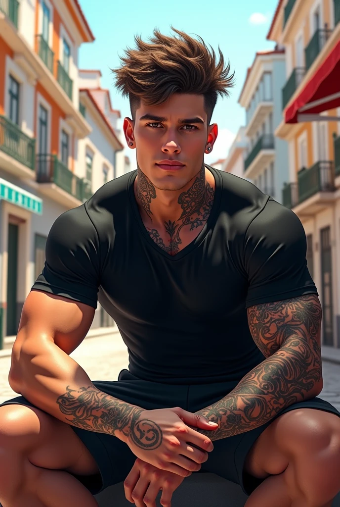 A young man AI high quality muscular strong tattoo “ruy” and other tattoo fair skin light pink mouth with realistic bedroom background