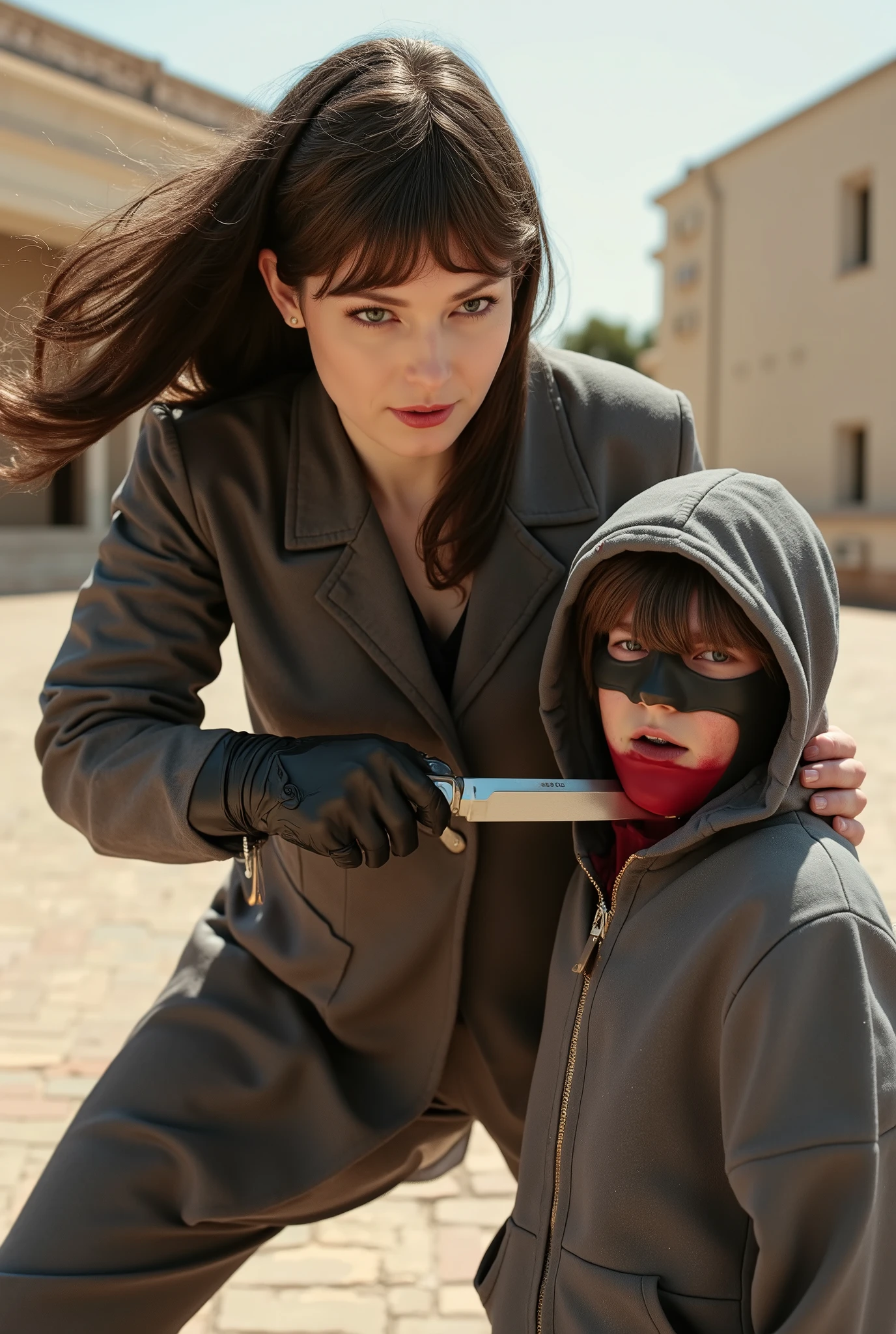 Realistic, A Very beautiful woman, cut throat a boy, boy full face mask close, neck bloody splash, neck slashed, throat contents, boy dead, woman knife, woman very thick hair, woman rich beauty, boy hoodie, woman kill boy, woman white dress, woman very big breast