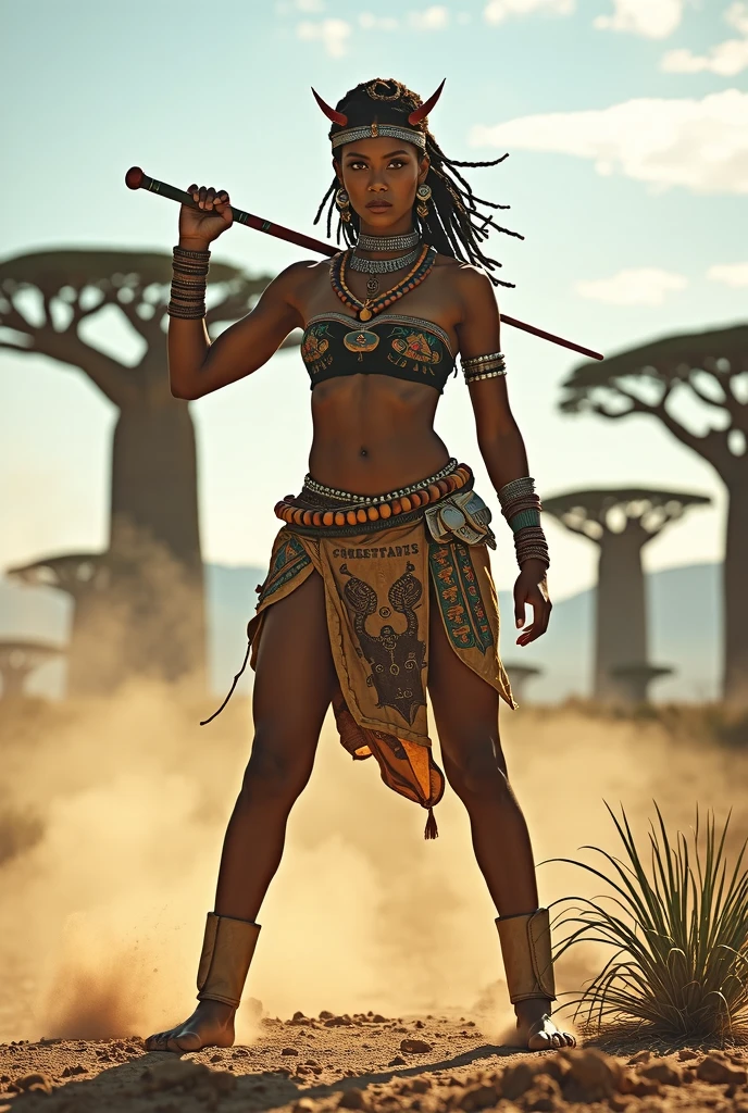 a beautiful african woman, with short dreadlock hairstyle, wearing camouflage hairband, full body, tribal tattoos,sharp focus, perfect lighting, awesome, dslr, 4k high quality. extra detail, extra sharp, magical, perfect moment, natural skin,