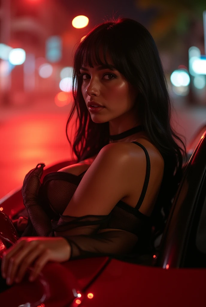 photorealism: 1.2), beautiful black-haired girl with Nordic features, upturned nose, blue eyes, full lips, makeup, red lipstick, huge breasts, long transparent black evening dress that reveals her bottom in a pink leopard-print thong with deep neckline and slit, car headlights at night in front of the wife walking on all fours tied to a collar around her neck doggy style pose, eyes raised and mouth out, profile view from above, the husband and another man look and they touch her doggy style pose
