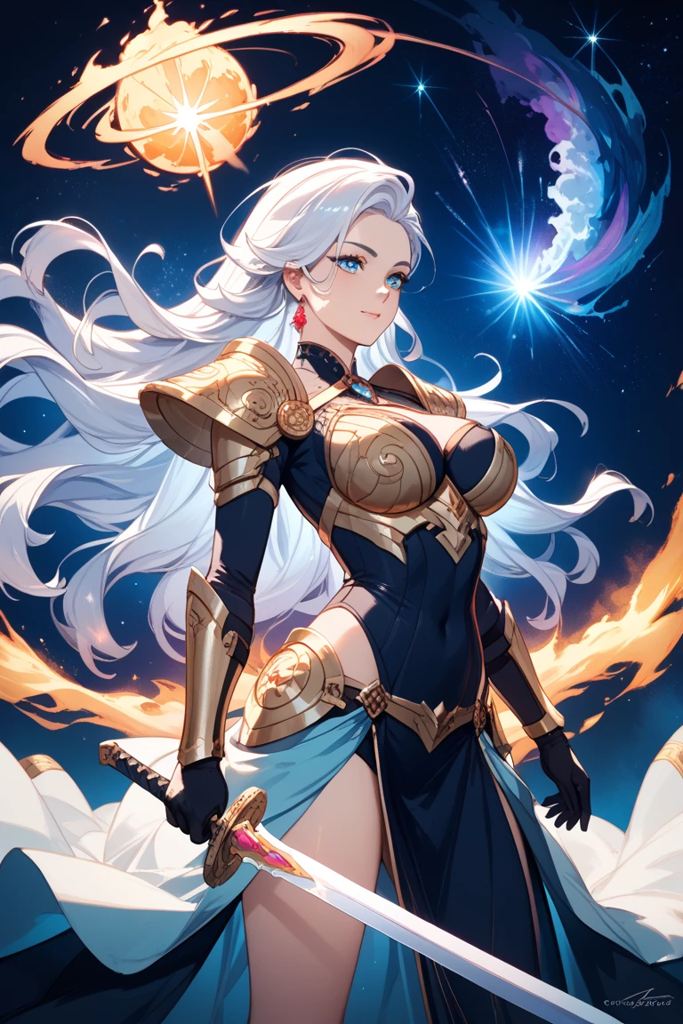 female elf royal paladin, fairy crest, golden and silver color armor with fairy icon and steel battle armor skirt, short design hand silver glove, golden color cape, golden belt, huge magic circle behind, pauldron in fairy style, silver color bracelet, multicolor golden and green color hair, empress aura, glowing green color pupil, masterpieces, solo, extreme pupil detail, fantasy mythic art, movie lighting, original character, holy glowing and windy effect, figure body shape, church background
