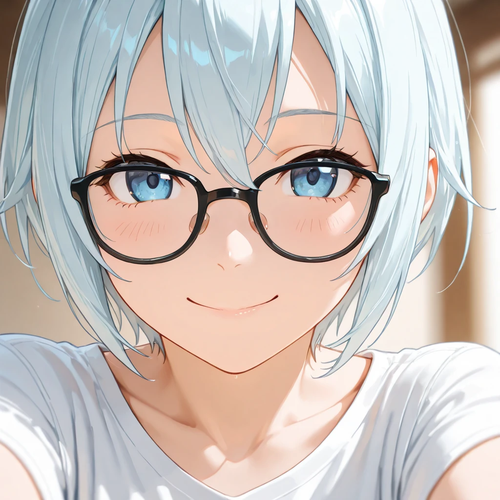 1 girl, beautiful girl, cute girl and idol face, smile, short and bob cut hair, shiny silver hair, antenna hair , beautiful green, eyes, white skin, beautiful body, black-rimmed glasses, Japanese High School Girls' completely nude, bedroom