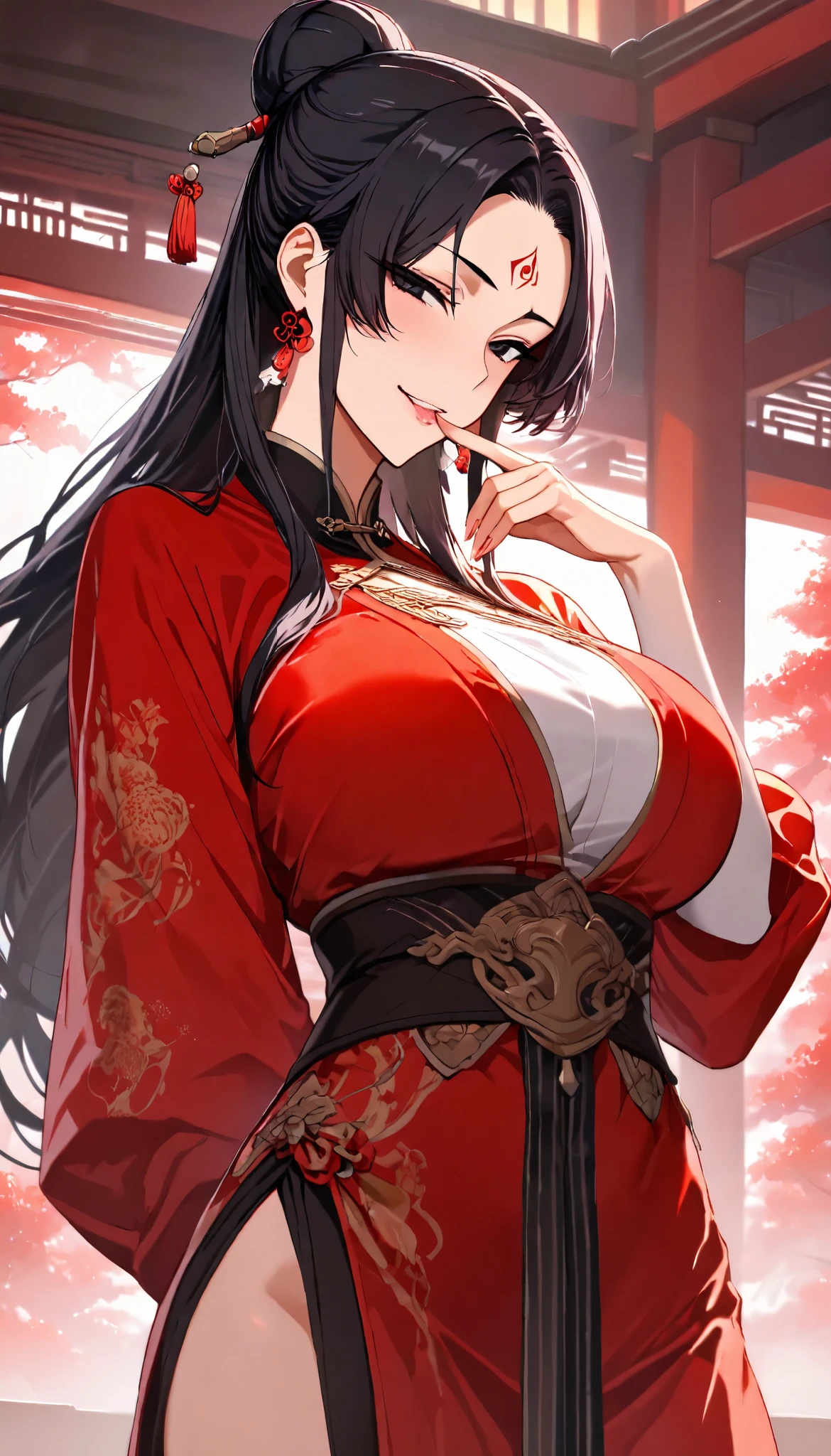 SOLO, A Female,Mature flavor, Perfect body,Oppai, (Chinese long hair,Black Hair,hair bun),(Black eyes),Forehead tattoo, Wearing A Red Chinese Robe(Hanfu type), In the Chinese classical Garden,Naughty face, seductive smile,Biting finger,UHD, anatomically correct, masterpiece, textured skin, high details, highres, 1080P, 16k, accurate, Beautiful face, Perfect face, Highly detailed beautiful face and eyes, Attractive face, Detailed face, Delicate facial features, Detailed skin,Cowboy shot,Look at the view,(((hbig bosom)))