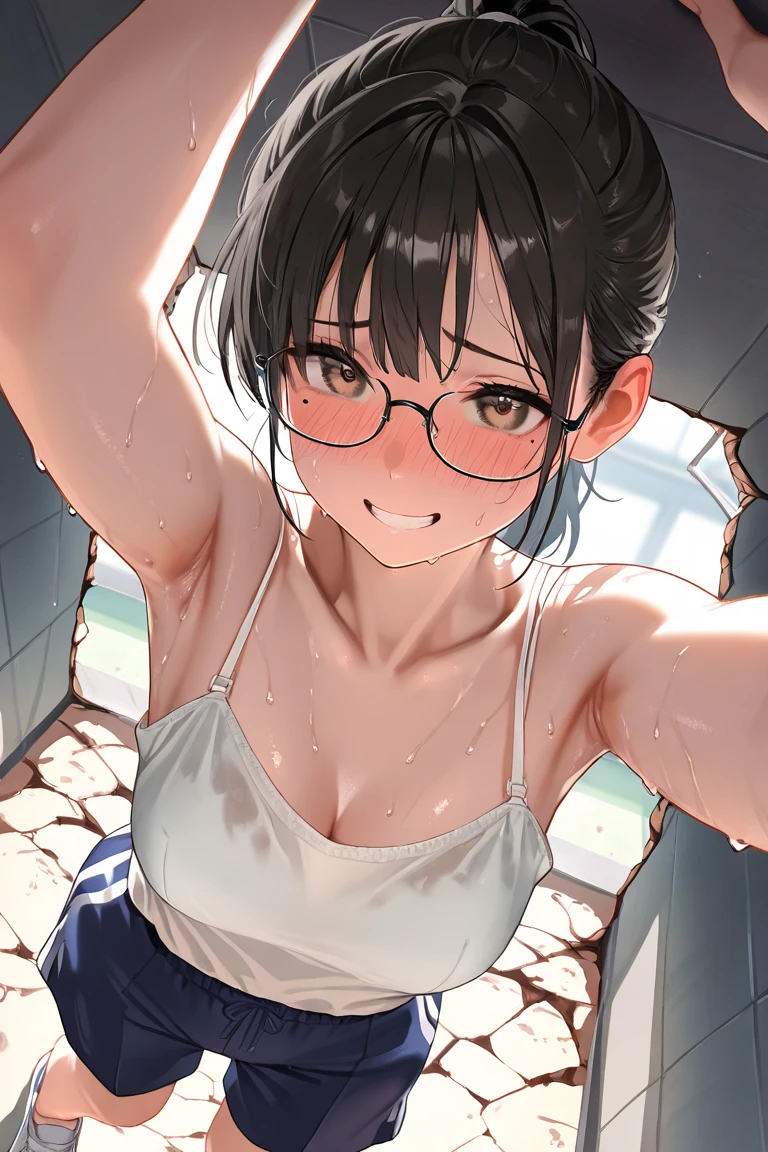 white sportswear, ,1woman, very short hair, brown hair, {{thick eyebrows}}, black-rimmed glasses, sweaty, brown eyes, fitness gym, traning, sitting, light smile, looking at camera, {{Put a towel around your neck}},japanese