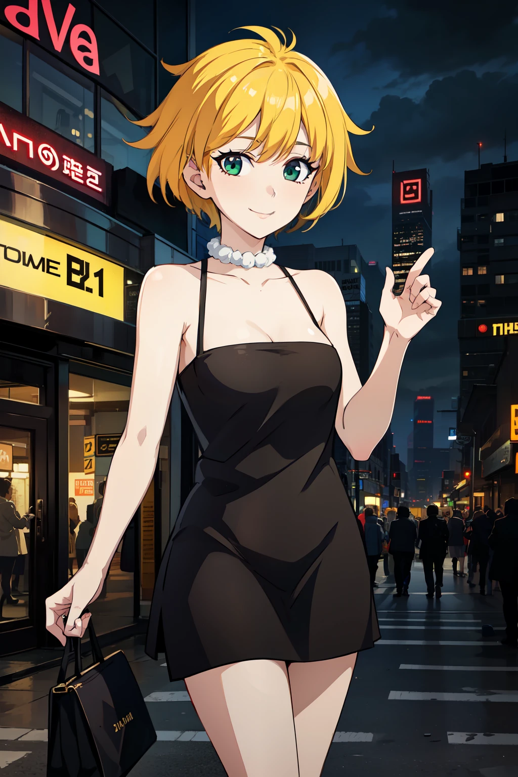 masterpiece:1.2, best quality, detailed,Super high quality,perfect anatomy,beautiful light and shadow, ,Beautiful white skin ,blonde hair, green eyes,slim, young woman in her early 20s ,1girl,at strip club, solo, very detailed eyes, smile, anime style , 8k digital painting, sfw, short hair, (Lisa Simpson), wearing a ((black mini dress)), random sexy pose, night club, loose dress,