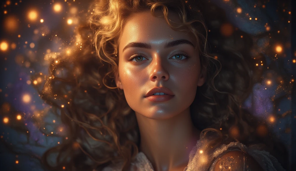 woman with wavy hair, eyes closed and a hole of light coming out of his forehead as if it were a portal
